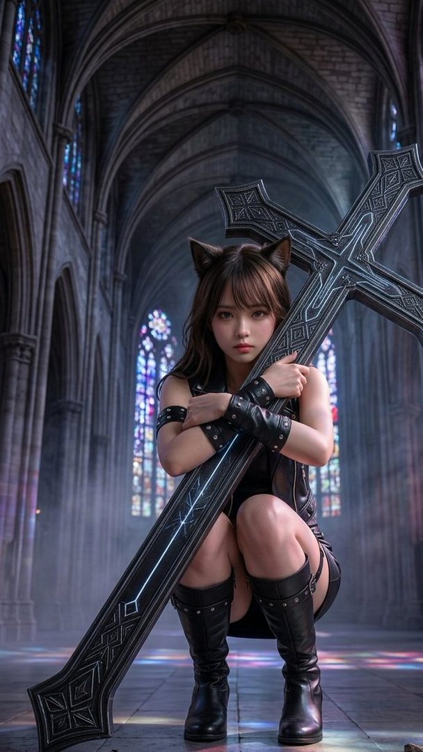 A woman with cat ears and a black outfit holds a large cross in a gothic cathedral.