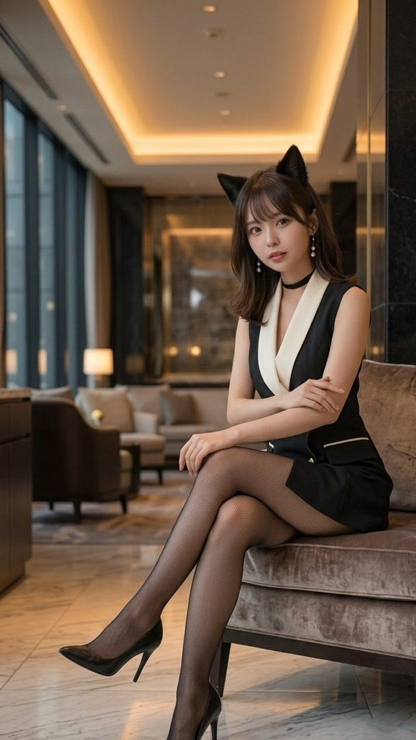 A woman with cat ears and a black and white dress sits elegantly in an indoor setting.