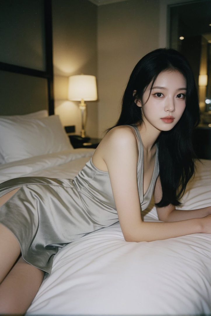 A beautiful woman with long black hair lies on a bed in a hotel room, wearing a silky grey slip dress.