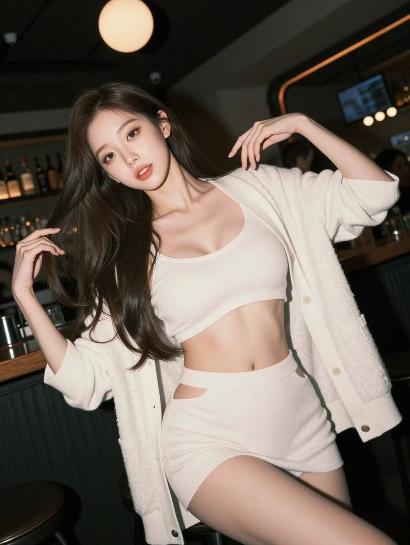 A photorealistic portrait of a young woman with long brown hair wearing a white crop top and skirt, posing in a dimly lit bar.