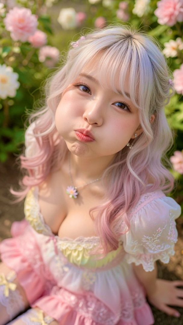 A cute East Asian woman with pink hair and a pink dress makes a pouting face in a flower garden.