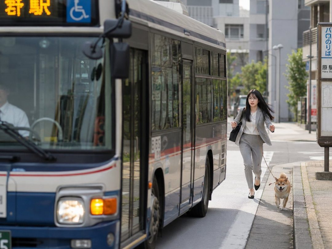 A young woman in a grey suit runs alongside a bus with her Shiba Inu dog on a leash on a city street.