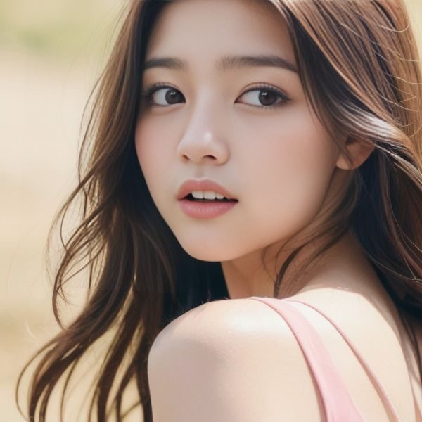 A photorealistic portrait of a young East Asian woman with long brown hair, looking over her shoulder with a slightly open mouth.