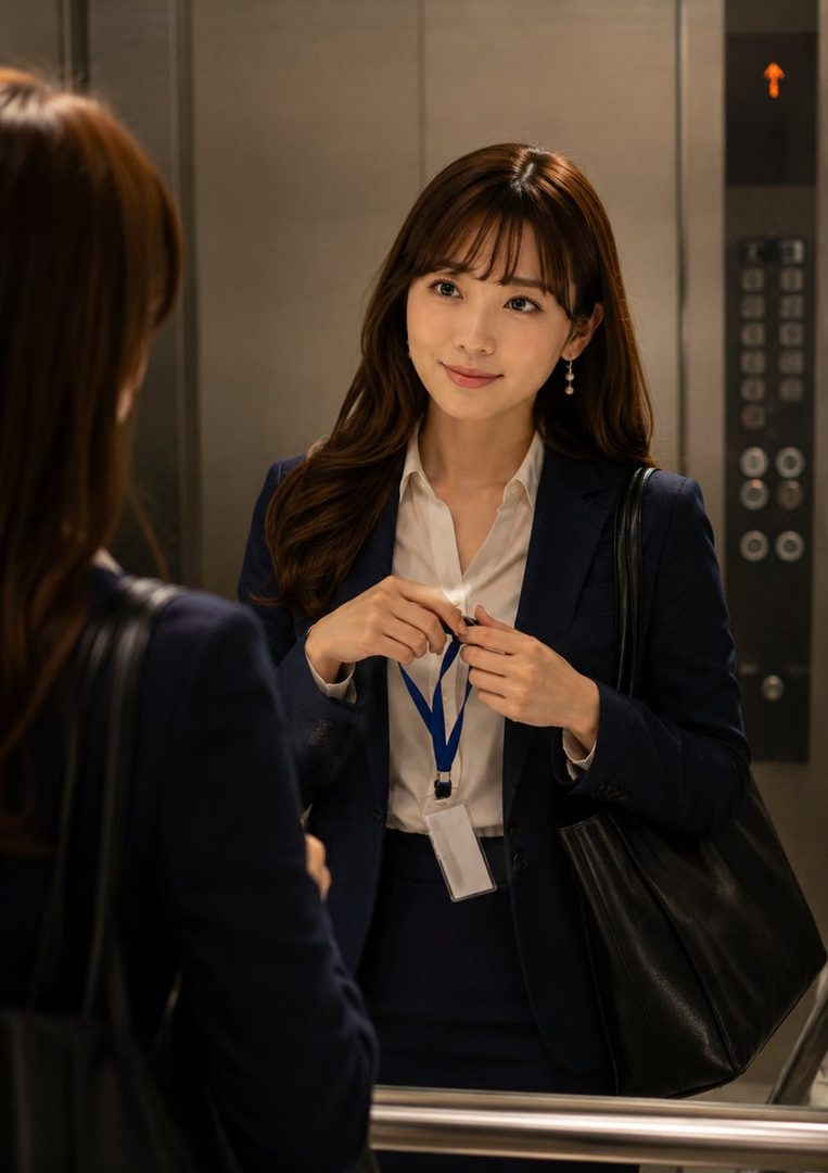 A young woman in a dark suit and white blouse stands in an elevator, adjusting her ID badge.