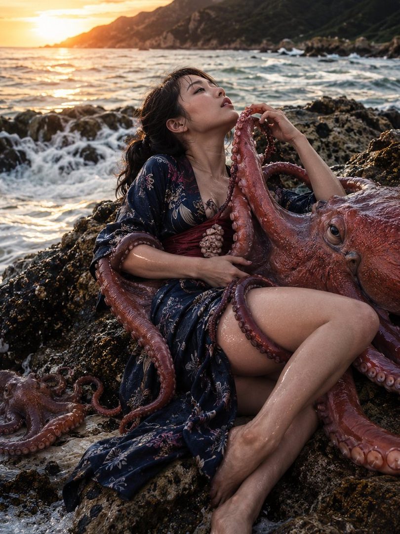 A woman in a kimono-style dress is entangled with an octopus on a rocky beach at sunset.