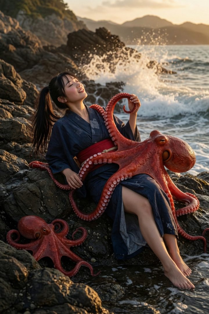 A Japanese woman in a kimono sits on rocks by the ocean at golden hour, holding a large red octopus.