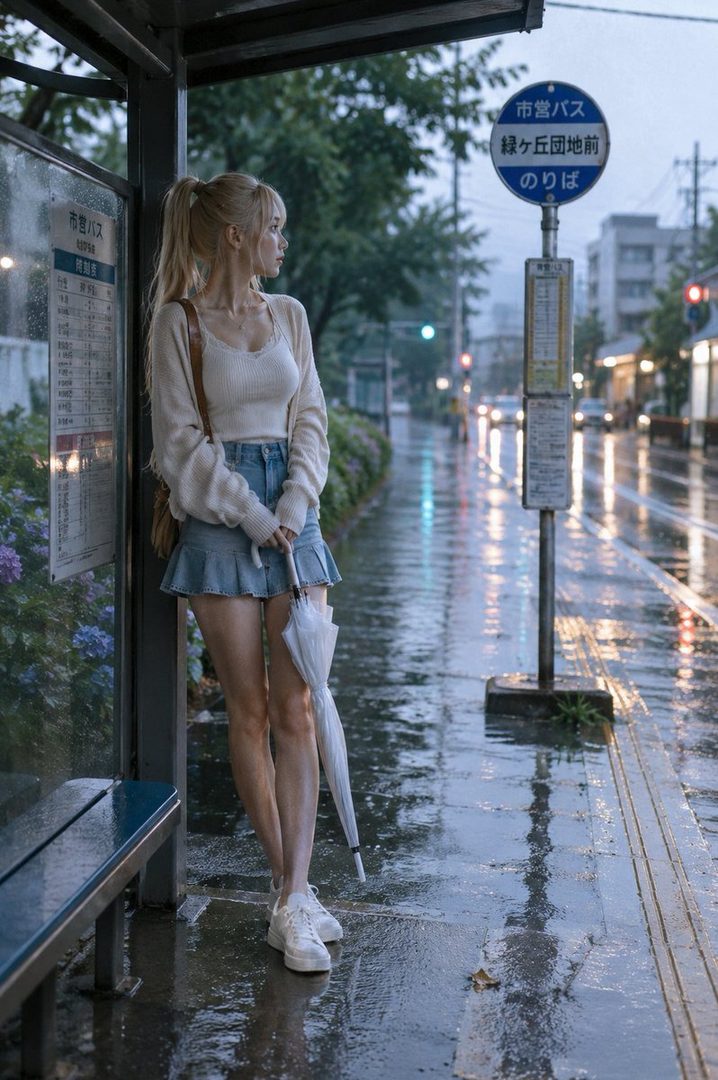 A blonde woman with a ponytail stands at a bus stop on a rainy evening, holding an umbrella and looking to the side.