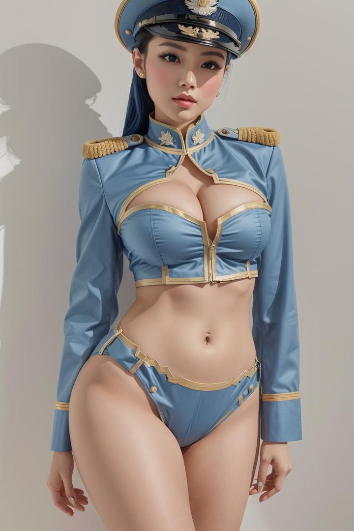 A photorealistic AI-generated image of a woman in a blue and gold military-style bikini and cap, posing indoors.