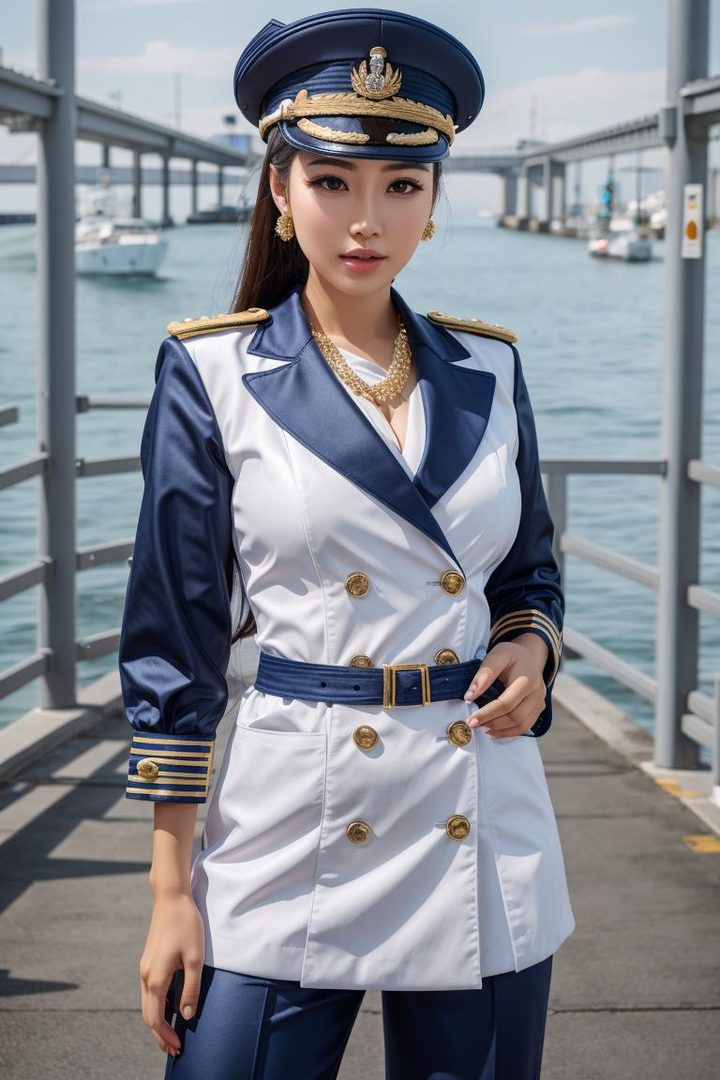 A photorealistic portrait of a woman in a blue and white marine-style uniform with a captain's hat, standing by the water with boats in the background.