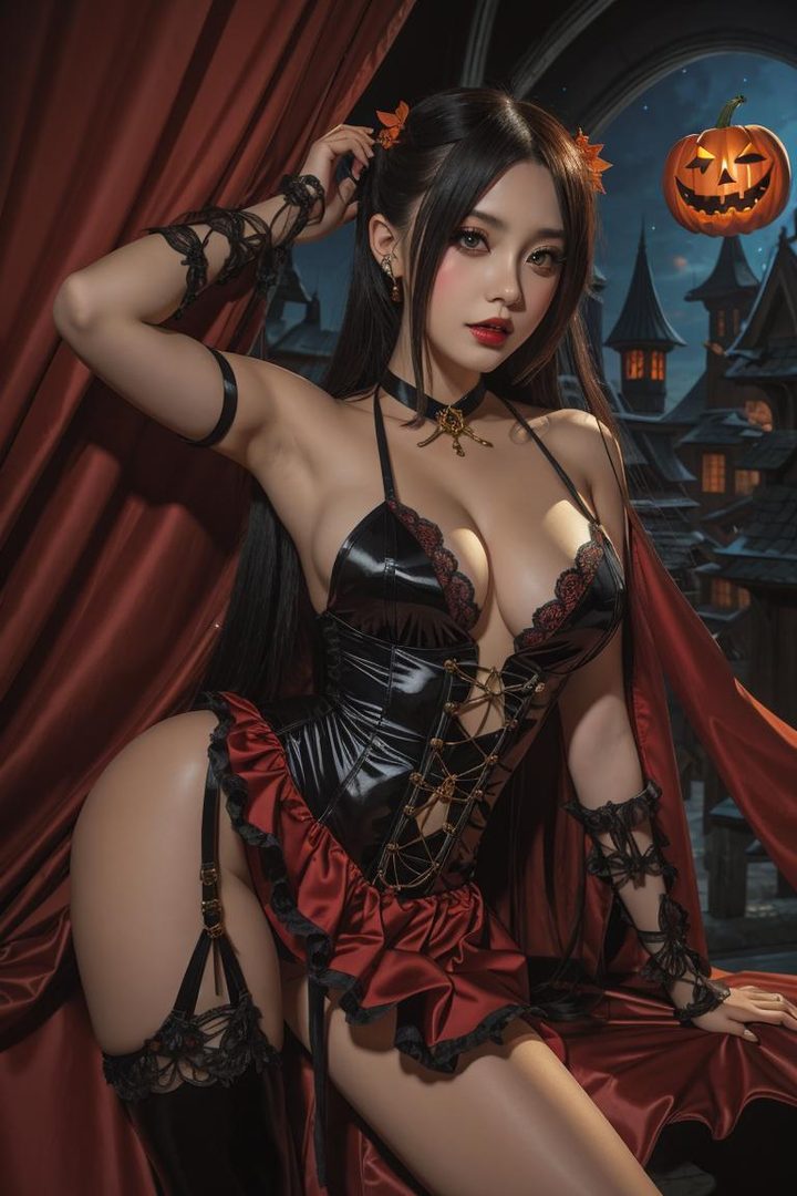 A woman in a black and red gothic-style outfit with a pumpkin in the background, posing indoors.
