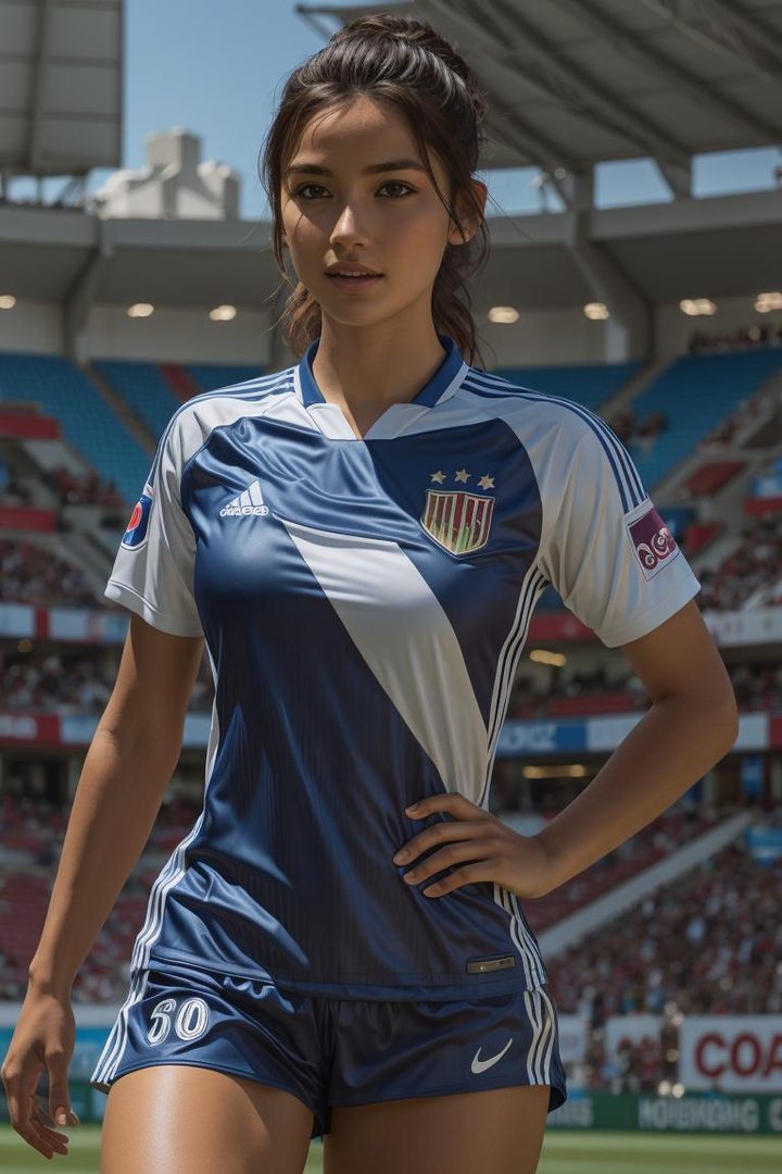 A young woman in a blue and white soccer jersey stands on a sports field, looking directly at the camera.
