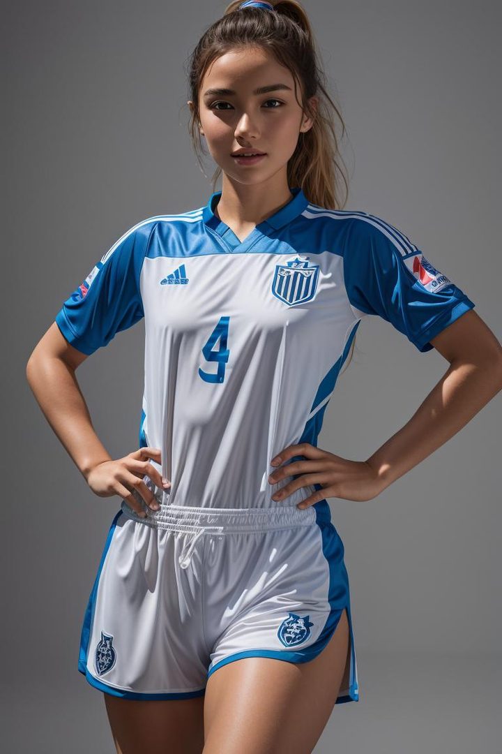 A young woman in a blue and white soccer jersey and shorts poses with her hands on her hips.