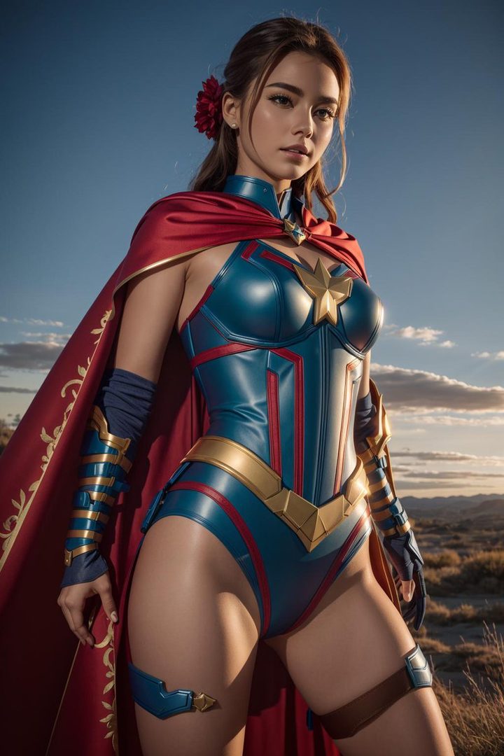 A photorealistic AI-generated image of a woman in a Captain Marvel-inspired swimsuit and cape, posing outdoors under a blue sky.