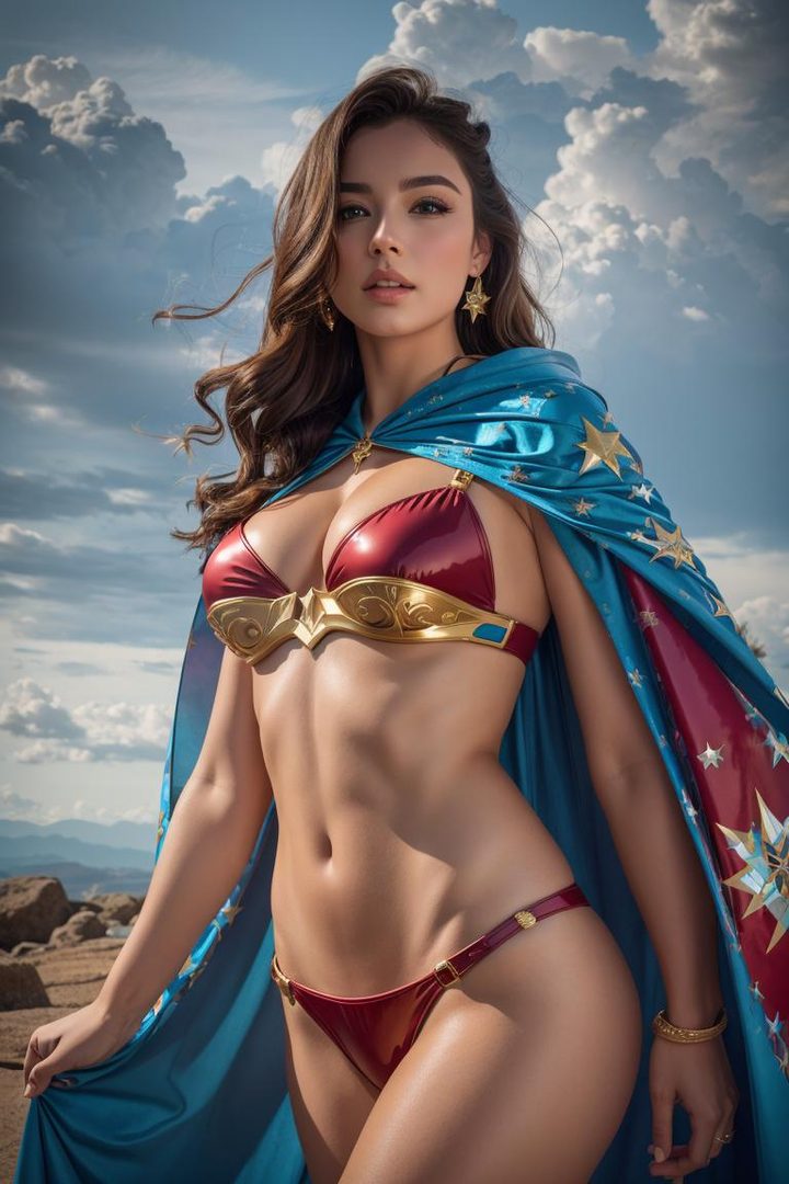 A photorealistic image of a woman in a red bikini and a blue cape with gold stars, standing outdoors under a cloudy sky.