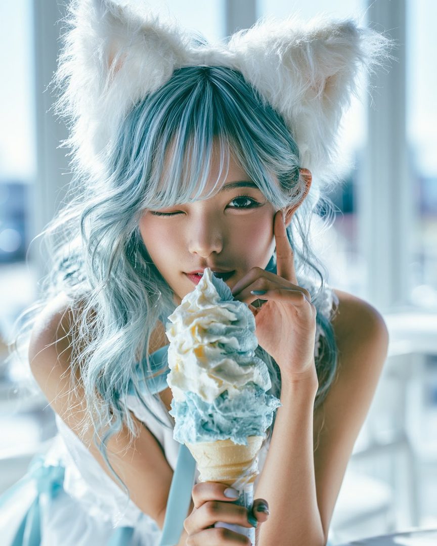 A young woman with blue hair and cat ears winks while holding a large soft-serve ice cream cone.