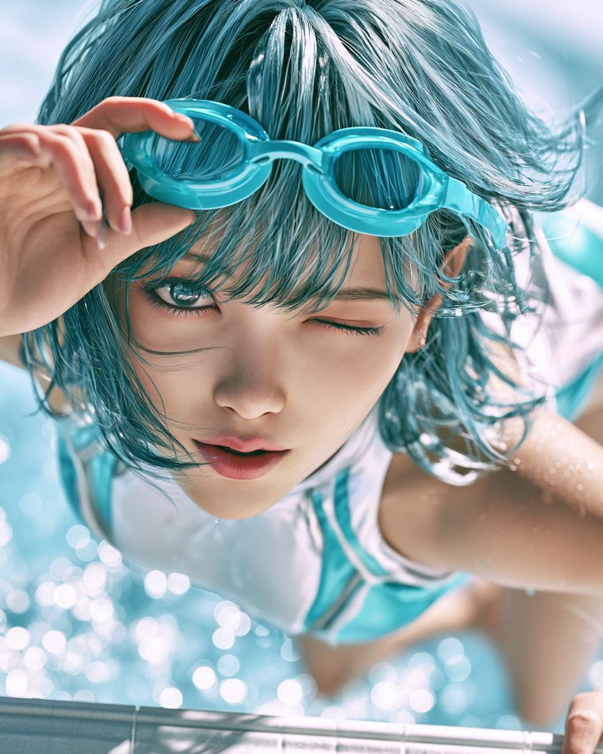 A photorealistic AI-generated image of a woman with blue hair and blue swimming goggles, winking at the camera from a swimming pool.