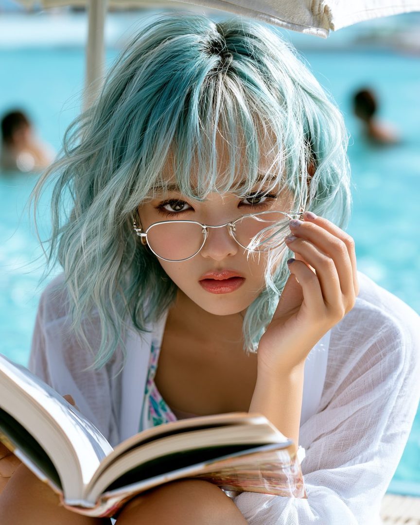 A young woman with blue hair and glasses reads a book by the poolside on a sunny day.