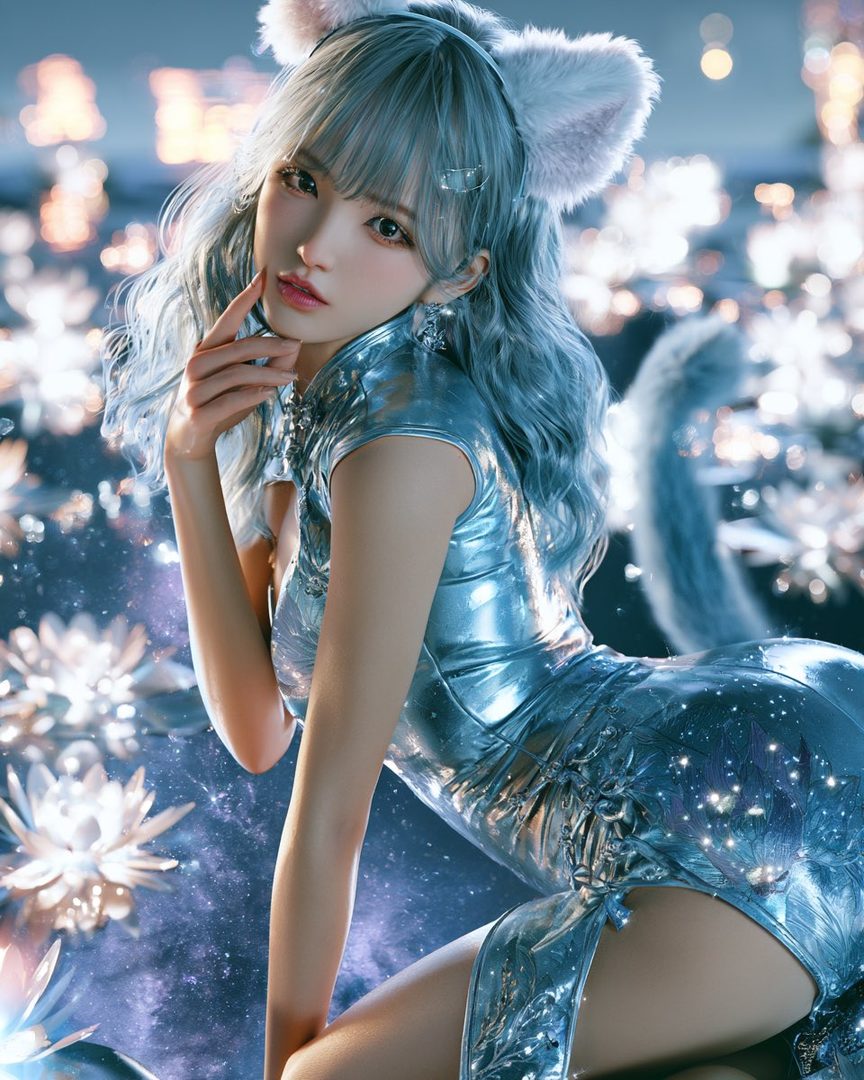 A woman with blue hair and cat ears wears a shiny blue dress, kneeling in a field of glowing white flowers at night.