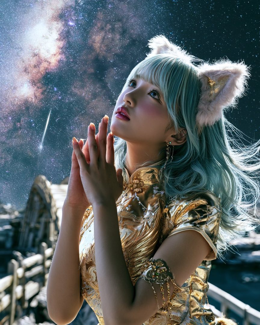 A woman with blue hair and cat ears, wearing a golden Chinese-style dress, looks up at a starry night sky with a shooting star.