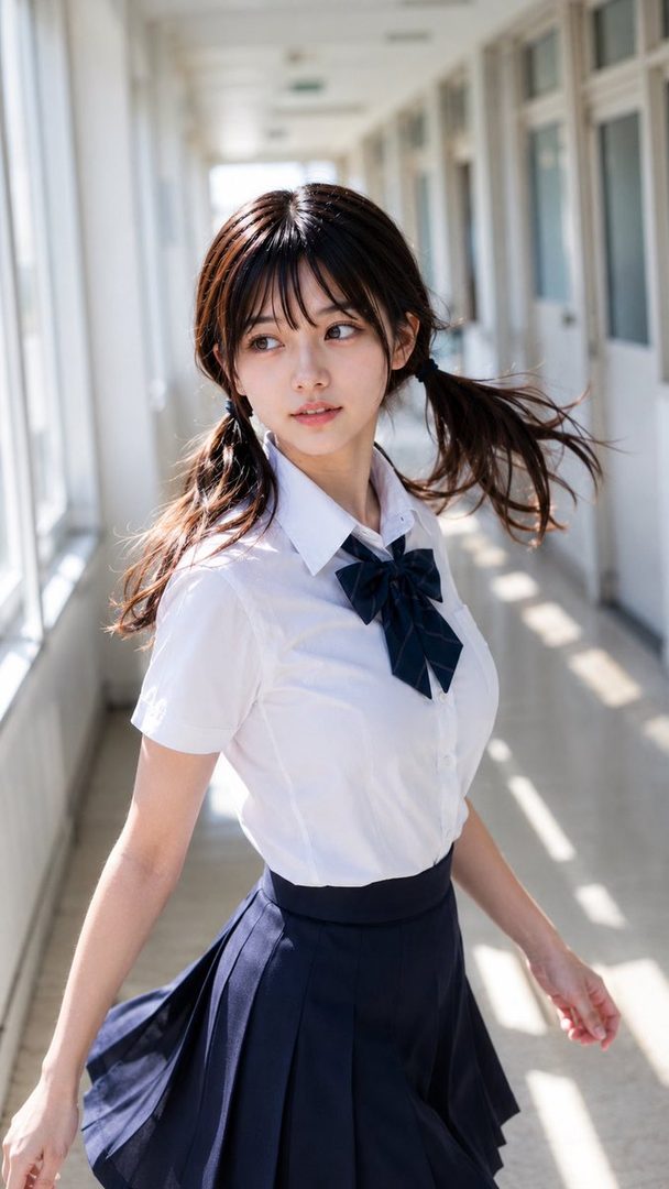 A young woman in a Japanese school uniform with pigtails stands in a bright school hallway.