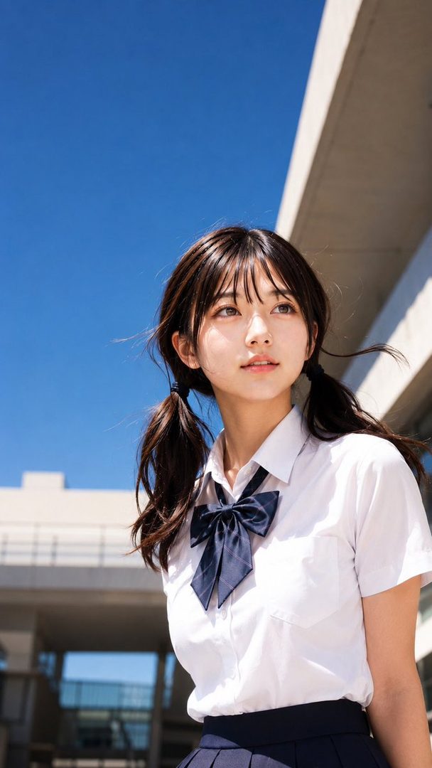 A young woman with brown hair in twintails and bangs, wearing a Japanese school uniform, looks up against a bright blue sky.