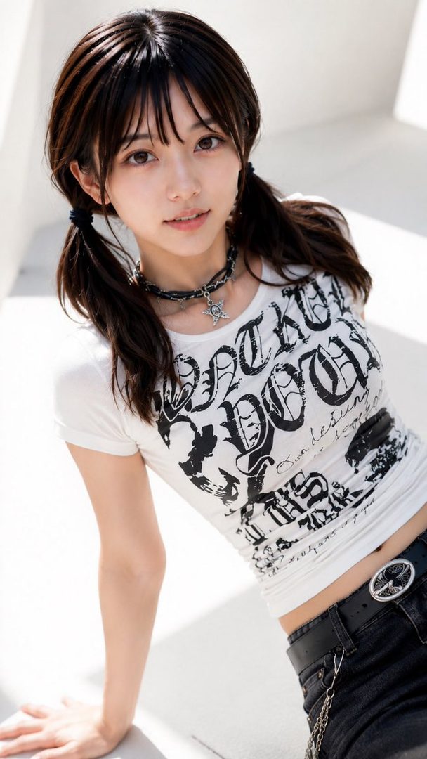 A young woman with black hair in pigtails and bangs, wearing a white graphic t-shirt and black jeans, poses indoors.