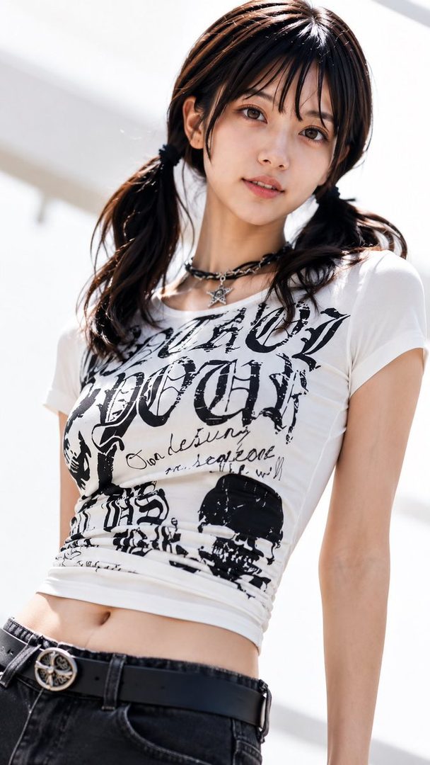 A young woman with black twintails and bangs wears a white graphic t-shirt and black jeans, looking directly at the camera outdoors.