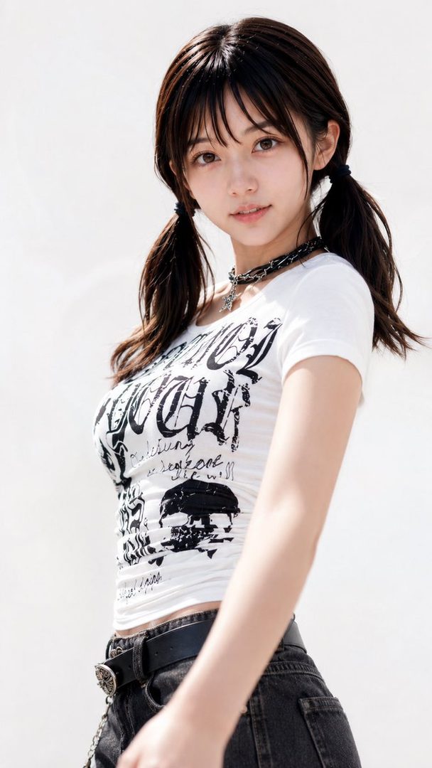A young woman with black twintails and bangs wears a white graphic t-shirt and black jeans, looking directly at the viewer.