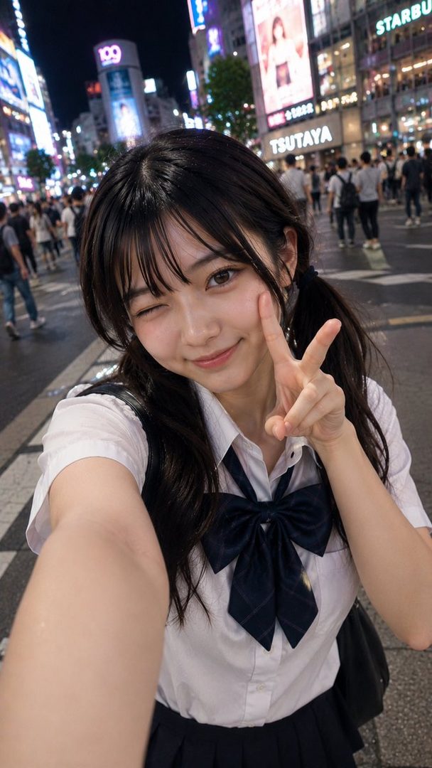 A young woman in a school uniform takes a selfie on a busy street at night, winking and making a peace sign.