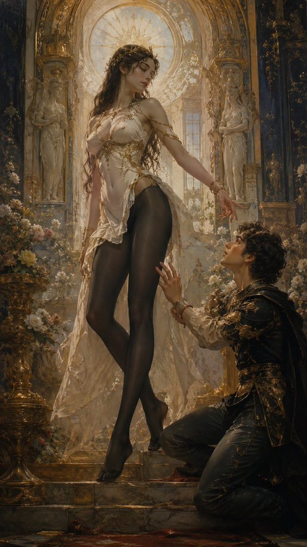 A photorealistic painting depicts a woman in a flowing white and gold gown and dark tights, standing on steps as a man kneels before her in a grand, ornate hall.