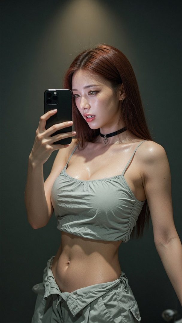 A photorealistic AI-generated image of a woman with long brown hair taking a mirror selfie, wearing a light green crop top and matching pants, with a choker necklace.