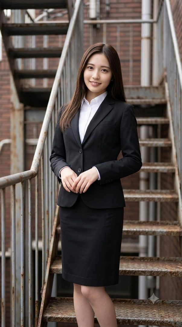 A young woman in a black business suit stands on an outdoor metal staircase, smiling gently at the camera.
