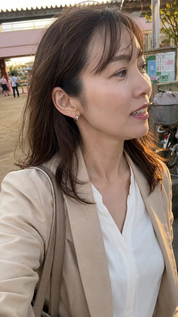 A photorealistic portrait of a Japanese woman with brown hair and bangs, wearing a white blouse and a beige blazer, looking to the side during golden hour outdoors.
