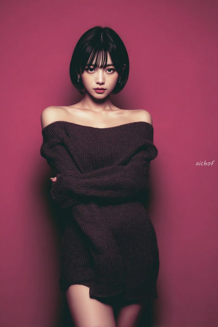A woman with short black hair and bangs poses in a dark off-the-shoulder knit sweater against a magenta background.