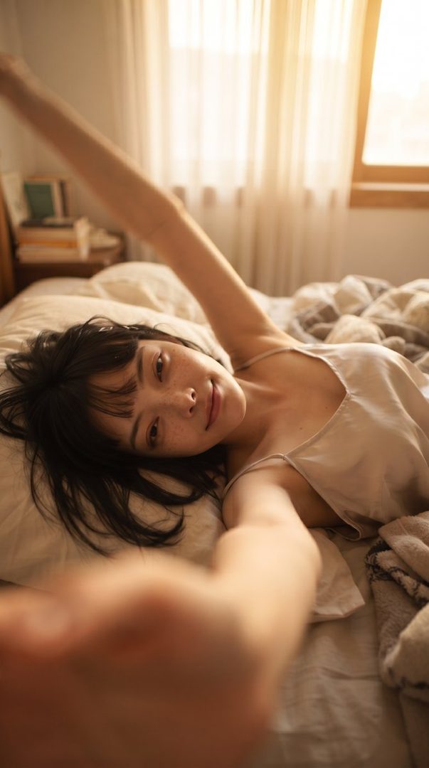 A woman with black hair and bangs takes a selfie in bed, stretching her arm towards the camera in a sunlit bedroom.