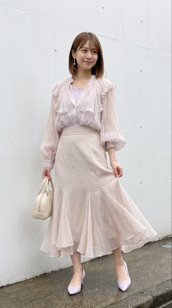 A woman in a light pink ruffled blouse and a flowing light pink skirt stands outdoors, holding a cream-colored handbag.