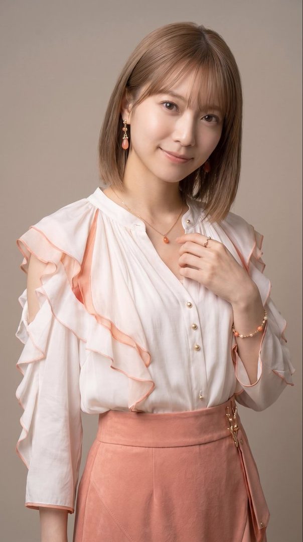 A Japanese woman with short blonde hair and bangs smiles gently, wearing a white ruffled blouse and a peach-colored skirt, adorned with matching jewelry.
