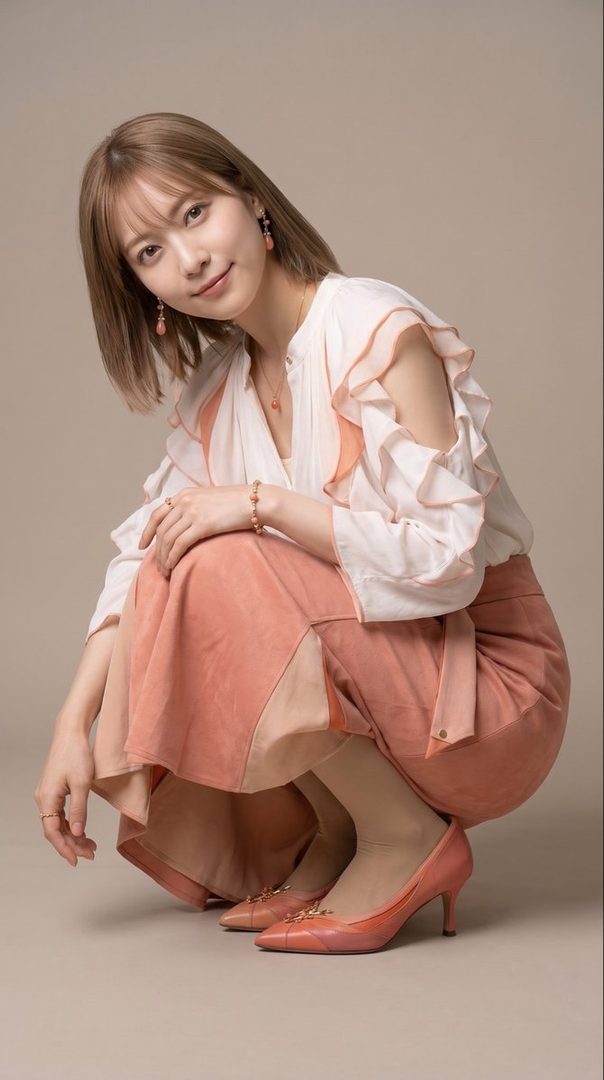 A Japanese woman with short brown hair and bangs, wearing a white ruffled blouse and a peach-colored skirt, squats in a studio setting.