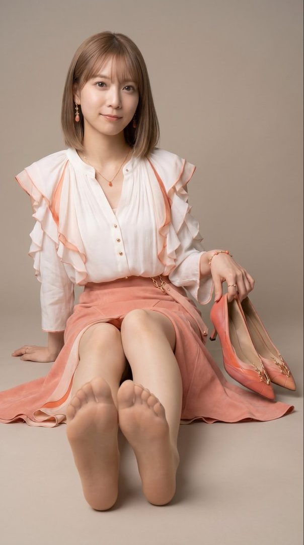 A young woman with short blonde hair and bangs, wearing a white ruffled blouse and a peach-colored skirt, sits on the floor holding a pair of high heels.