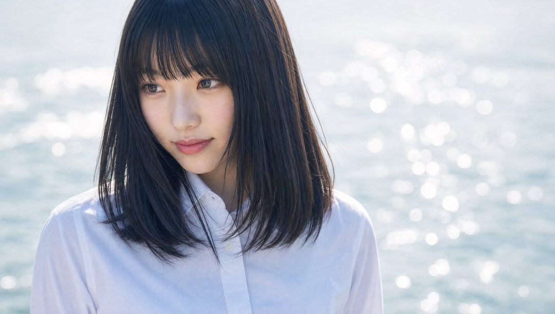 A young woman with black hair and bangs wears a white blouse, looking serenely to the side with sparkling water in the background.