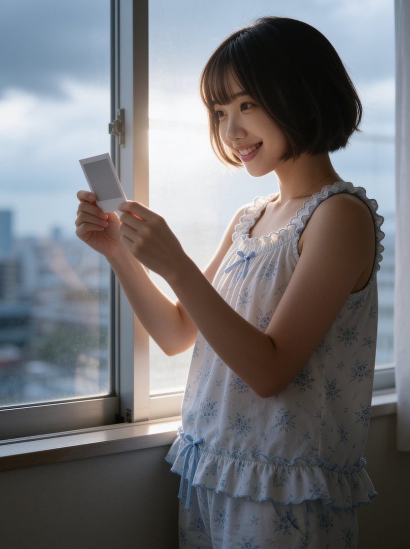 A young woman with short black hair and bangs, wearing a white and blue floral top, smiles while looking at a small photo by a window with bright sunlight.
