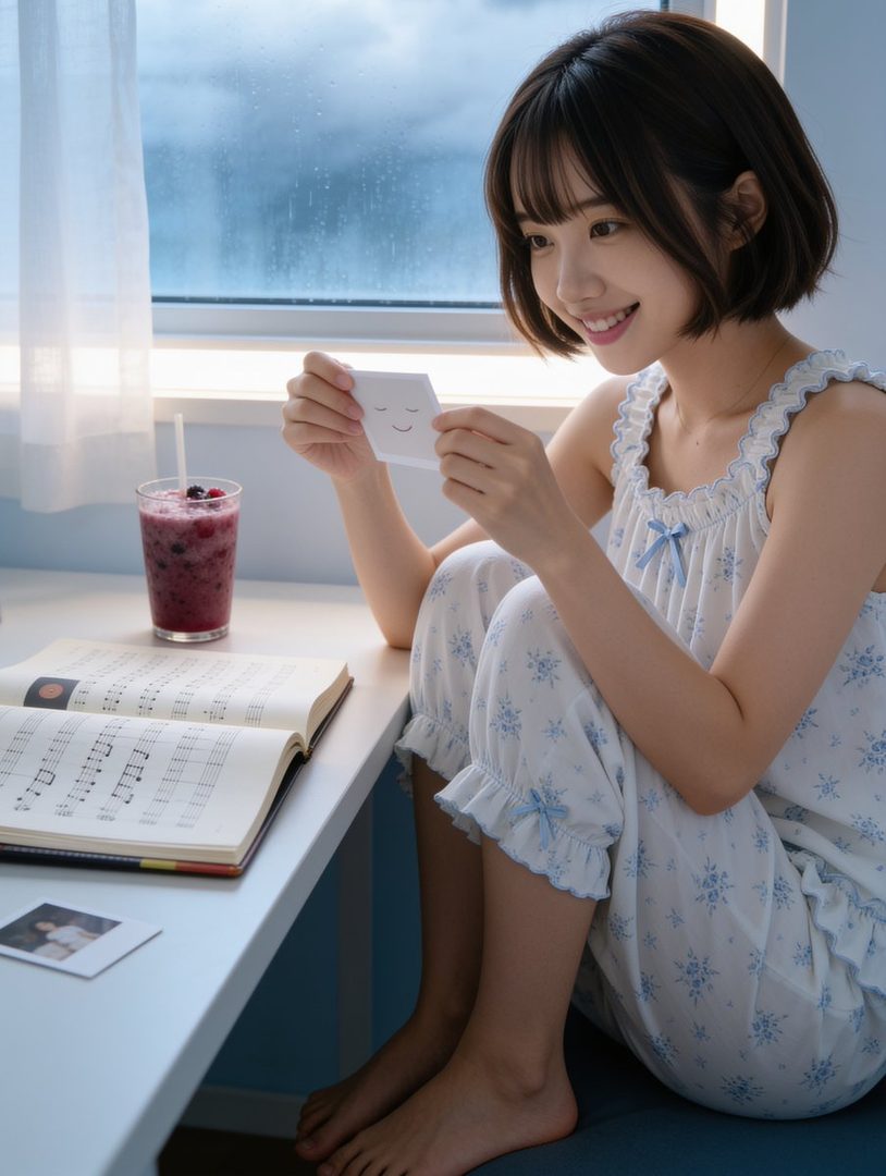 A young woman with short brown hair and bangs, wearing light blue and white patterned pajamas, smiles while looking at a small card with a drawn face, sitting by a window on a rainy day.