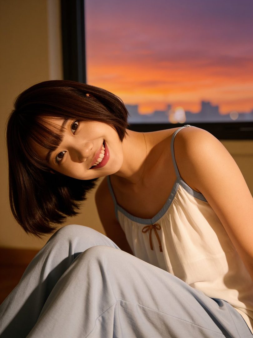 A young woman with short brown hair and bangs smiles while sitting indoors, with a vibrant orange and purple sunset visible through a window in the background.