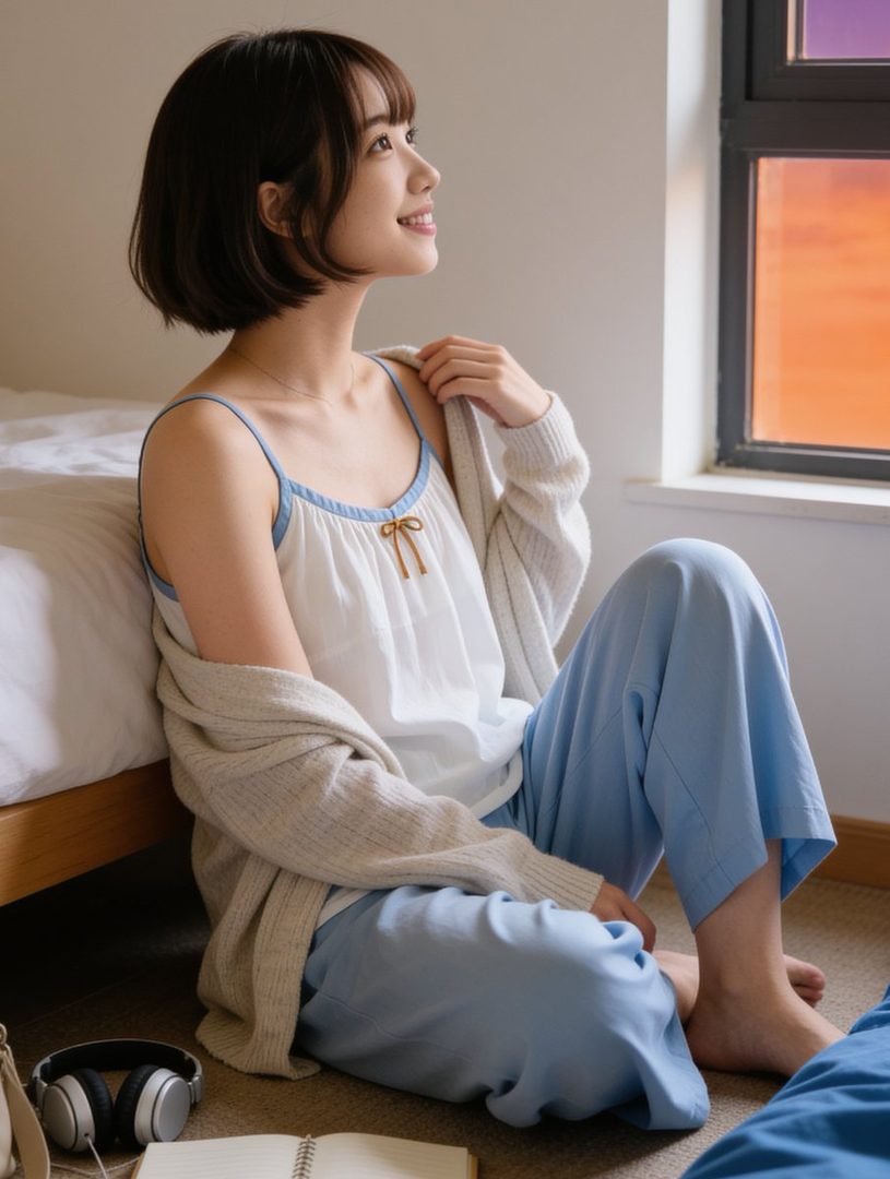 A young woman with short black hair sits on the floor by a window, looking out at a golden hour sky.