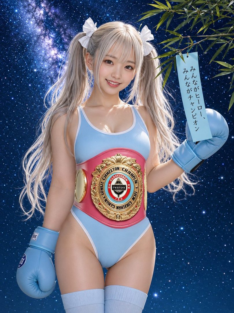 A blonde woman in a light blue swimsuit and boxing gloves holds a championship belt and a paper strip with Japanese writing, against a starry night sky background.