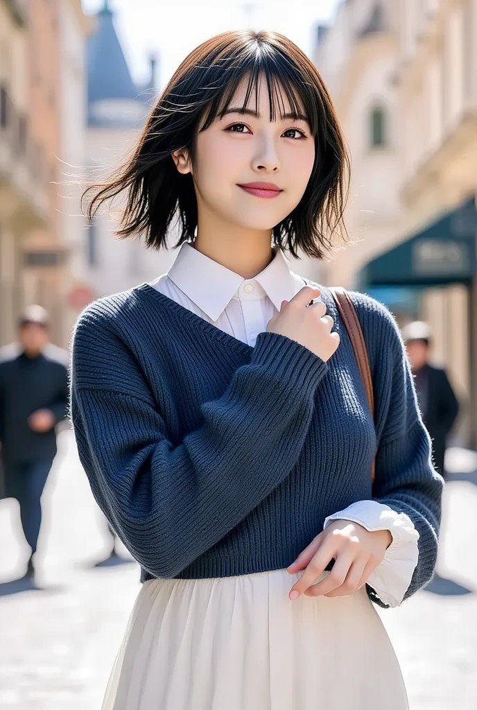 A young woman with short brown hair and bangs, wearing a blue sweater over a white collared shirt and a white skirt, stands on a sunny street.