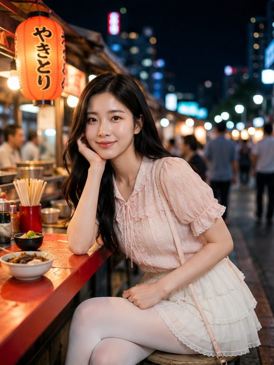 A young woman with long black hair and a pink blouse smiles while sitting at a food stall in a bustling night market.