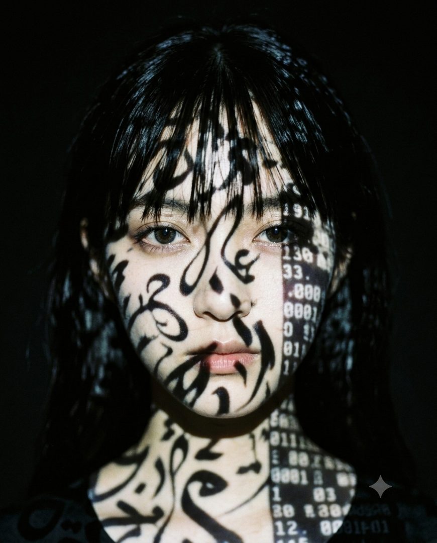 A close-up portrait of a person with black hair and bangs, with abstract patterns and digital code projected onto their face and neck in a dark setting.