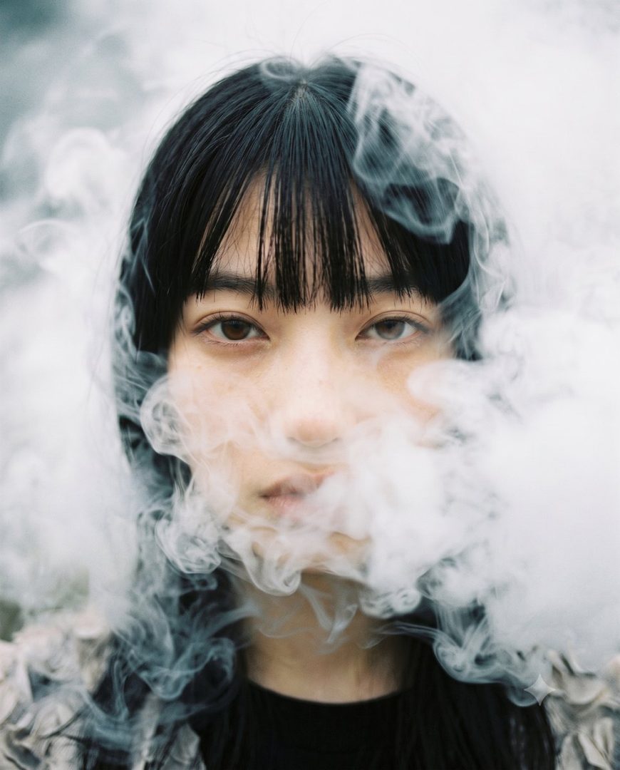 A close-up portrait of a woman with black hair and bangs, partially obscured by white smoke.
