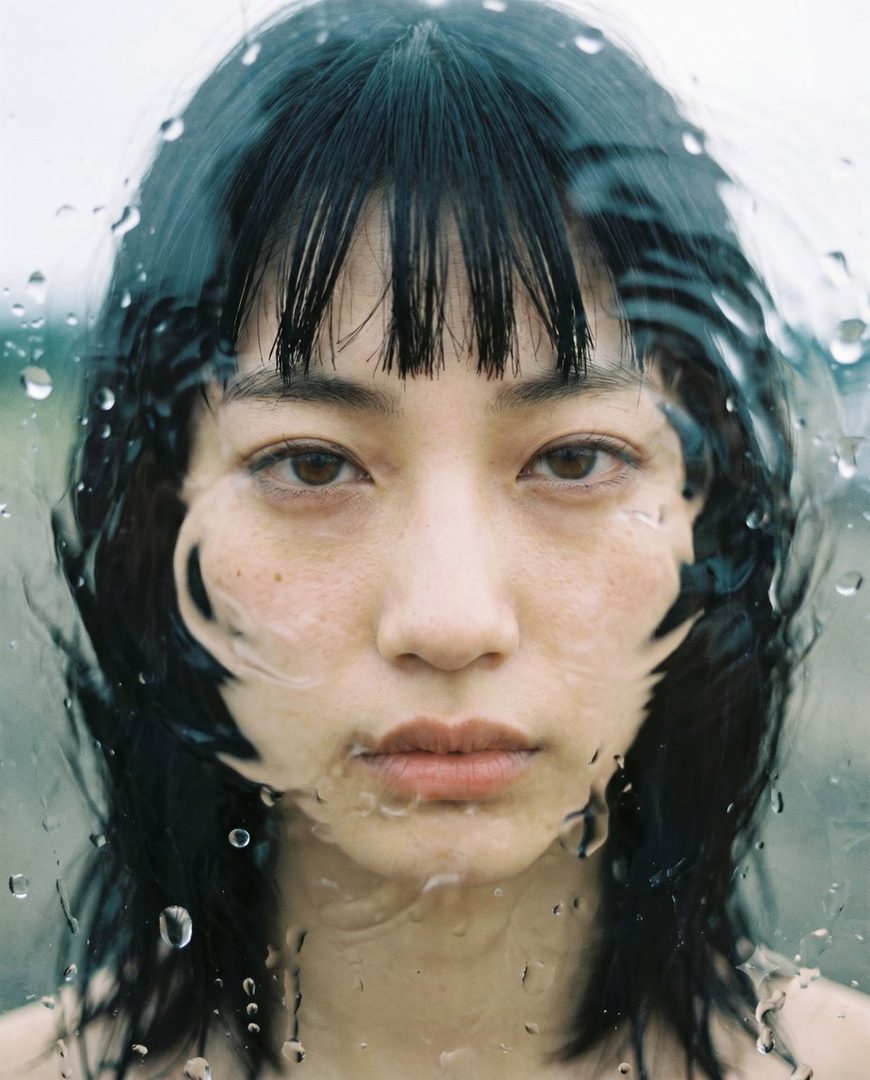 A close-up portrait of a woman with black hair and bangs, looking through a wet glass with raindrops.